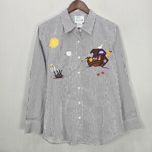 Vintage The Quacker Factory Top M White Striped Embroidered Button Up Noah's Arc